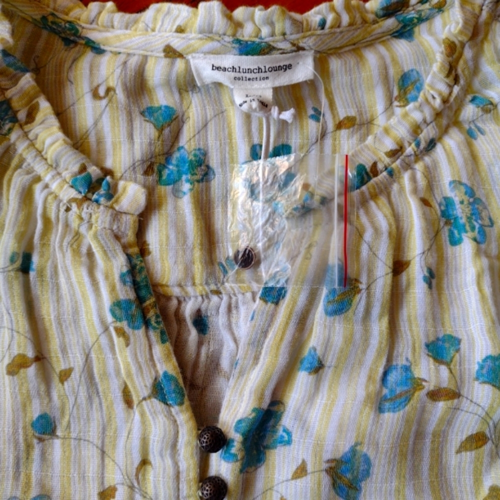 Beach Lunch Lounge Floral Stripe Cotton Peasant Blouse - Picture 3 of 7